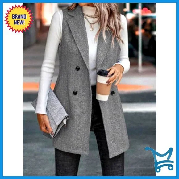 Sleeveless Tweed Vest Blazer, Wool Blend, Double Breasted, Business Casual - Picture 5 of 5